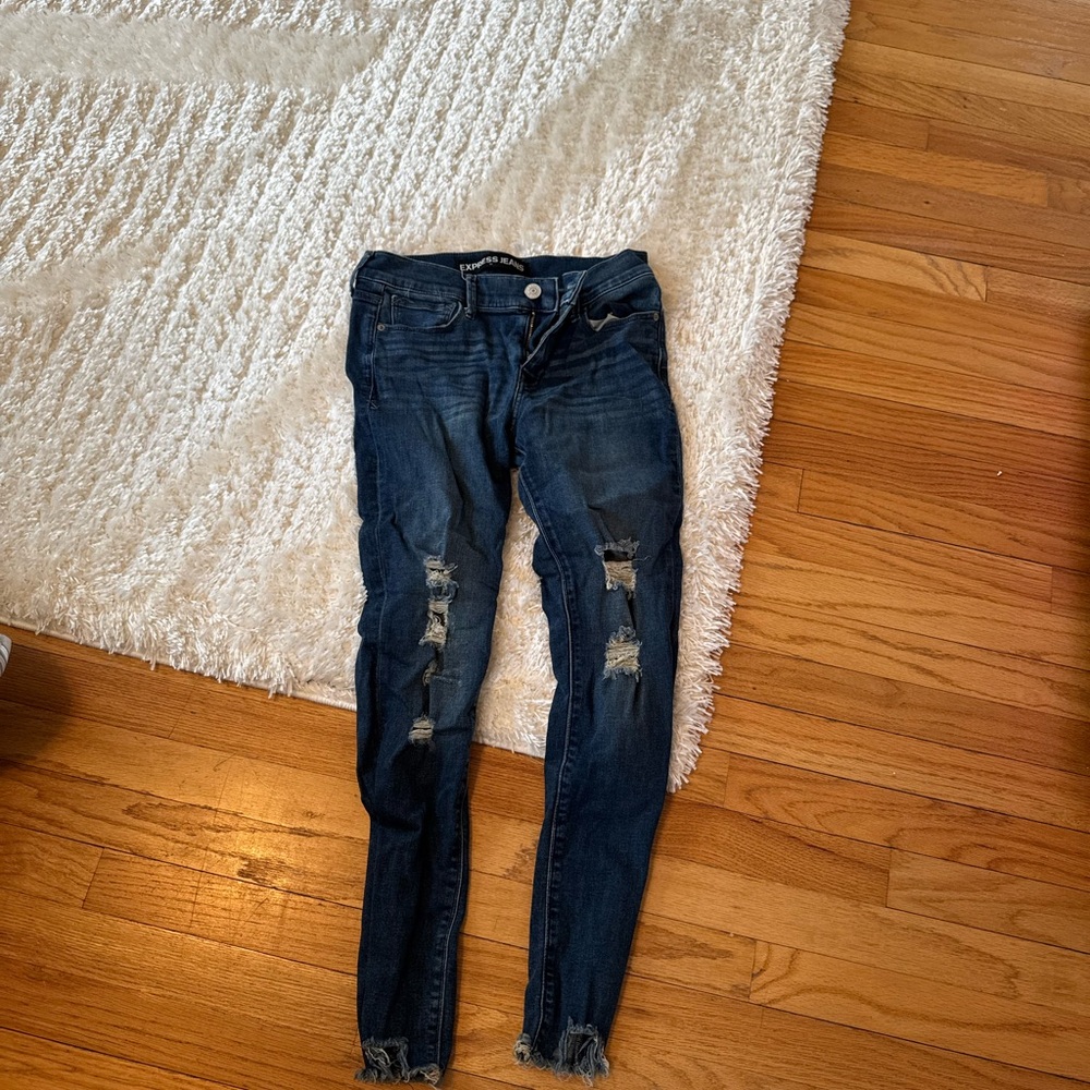 Express Dark Blue Distressed Skinny Jeans